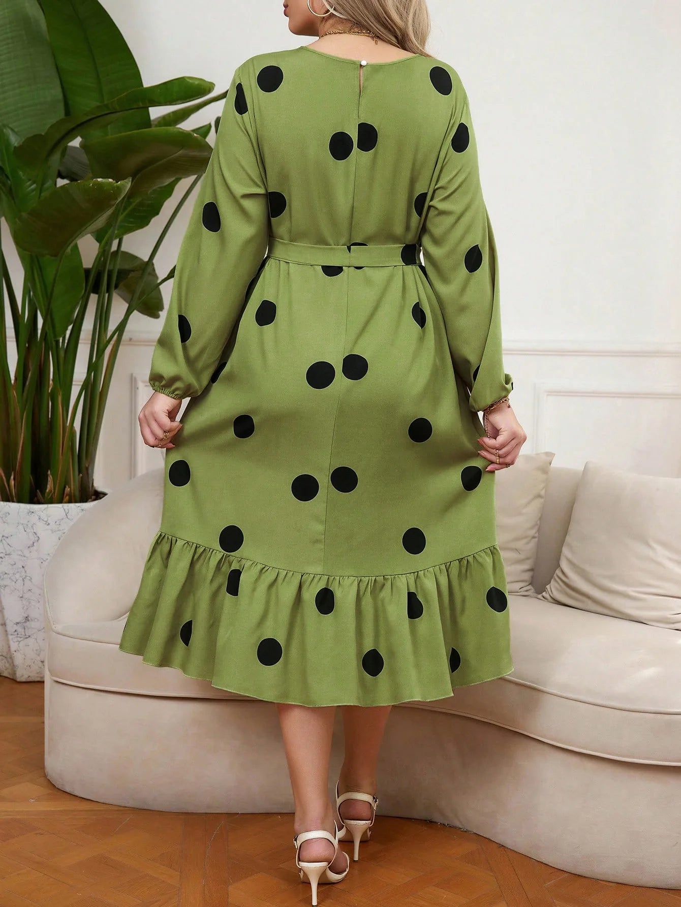 Vigojany 2025 Spring Ruffle Dot Print Plus Size Dress Autumn Long Sleeve Large Big Dress Casual O Neck Chubby Curvy Dresses