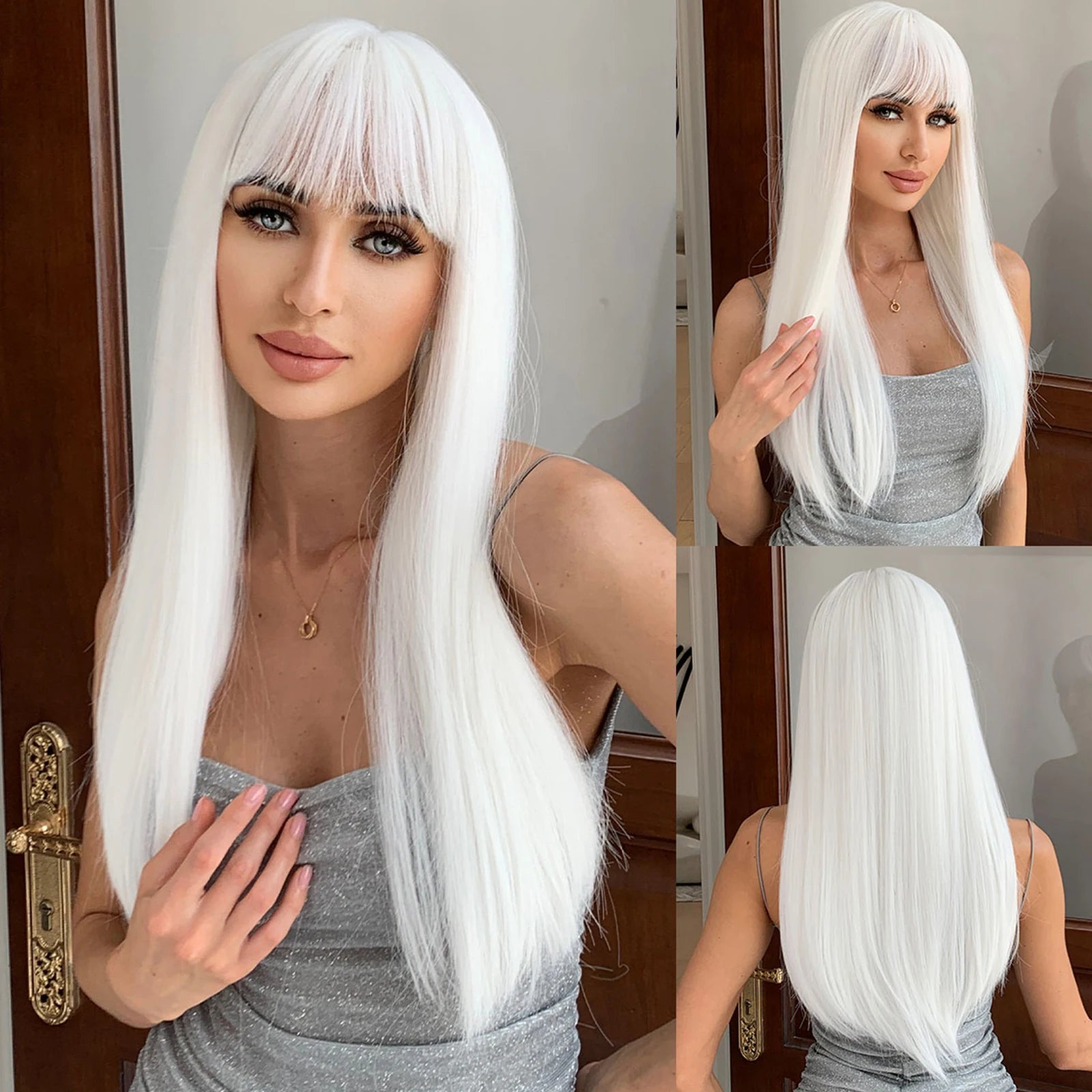 Allbell Magique Black Highlight Blue Synthetic Wig Long Straight Wig with Bangs Black And Blue Wig For Women Cosplay Party Use