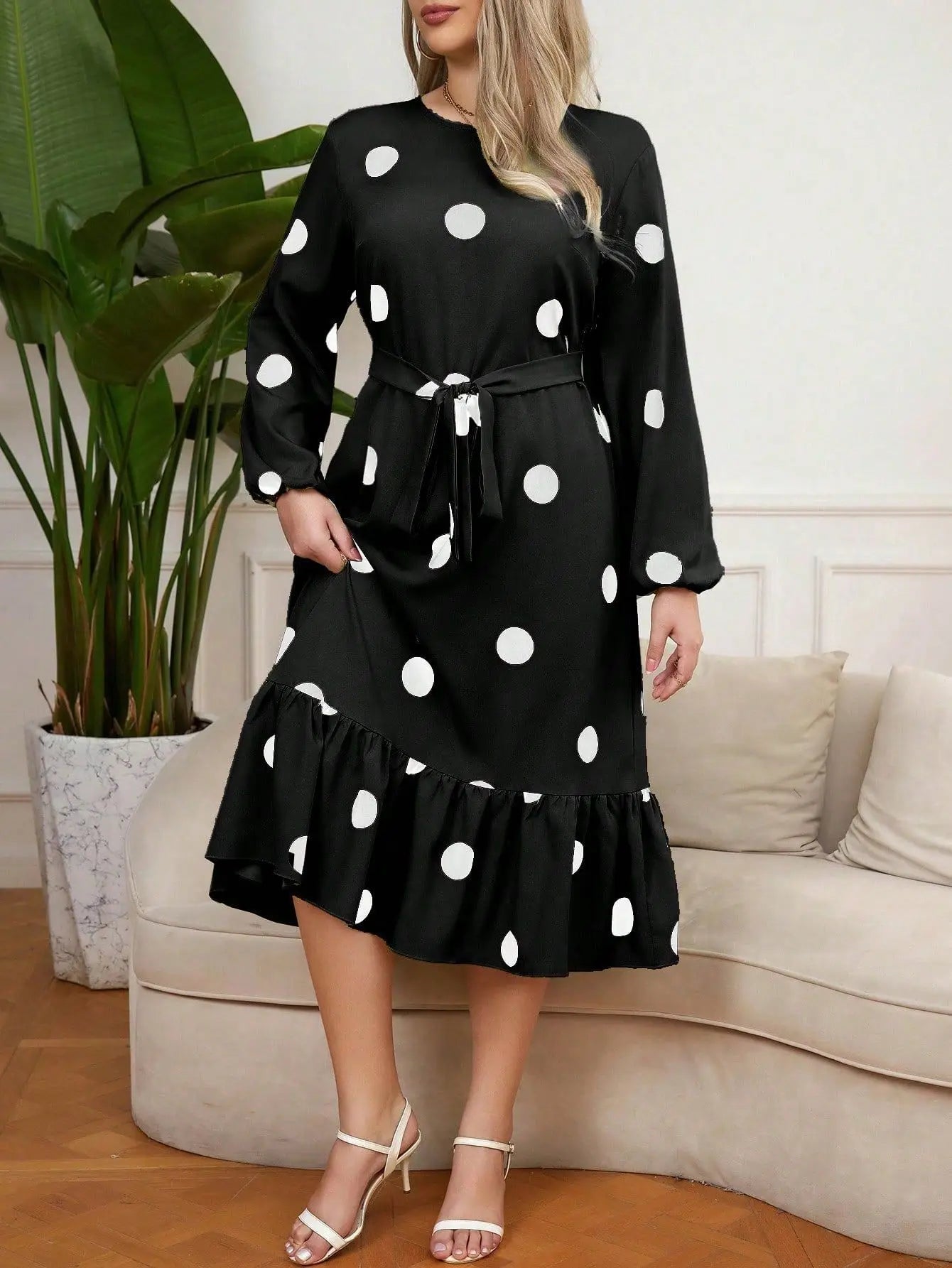 Vigojany 2025 Spring Ruffle Dot Print Plus Size Dress Autumn Long Sleeve Large Big Dress Casual O Neck Chubby Curvy Dresses