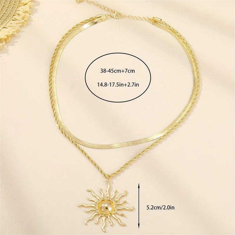 Exaggerated Big Sun Pendant Necklace for Women Trendy Double Layer Snake Bone Chain Necklace Summer Jewelry Accessories