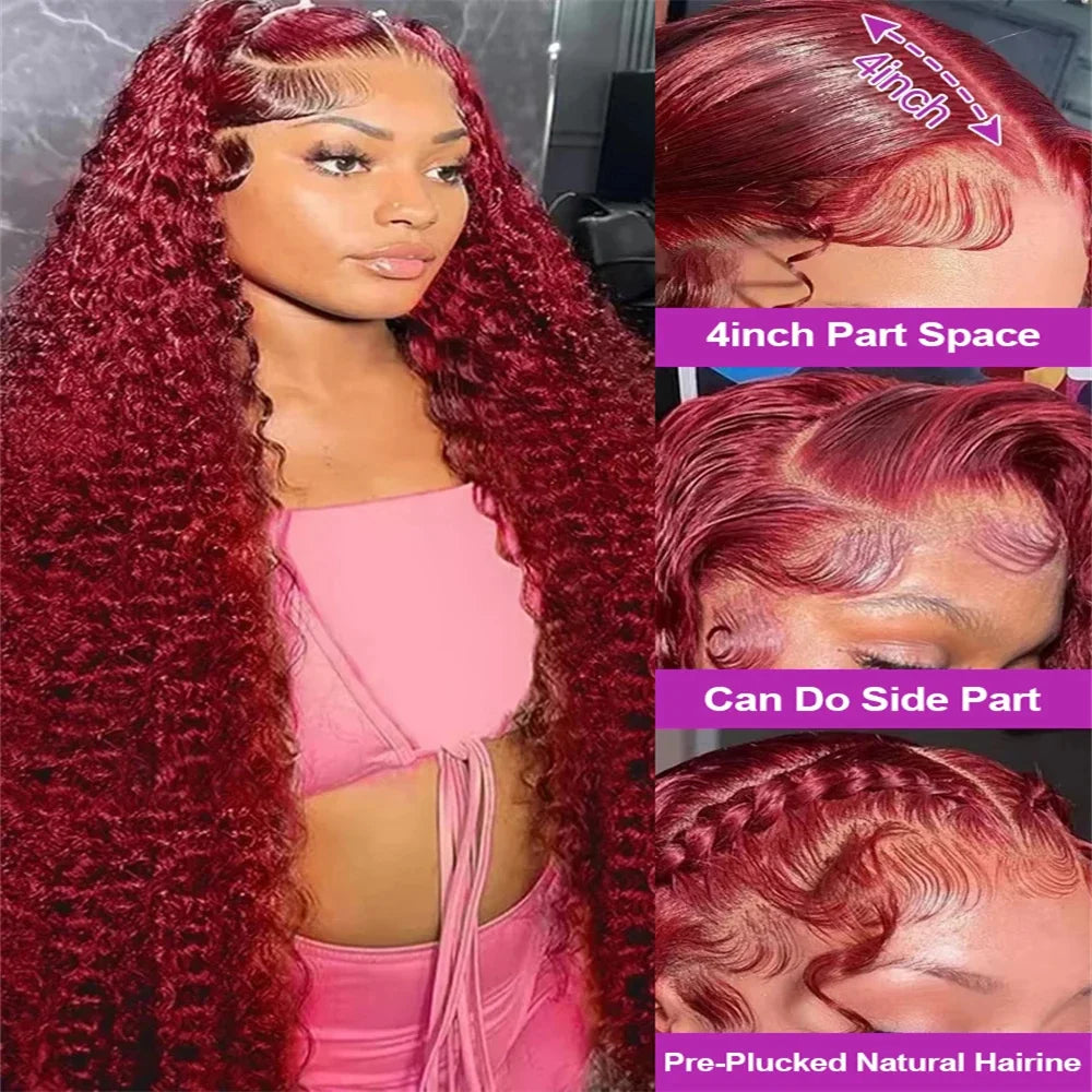 99J Burgundy 13x6 Hd Lace Frontal Human Hair Wig 30inch Red Colored Curly Wigs 13x4 Transparent Lace Water Deep Wave Frontal Wig