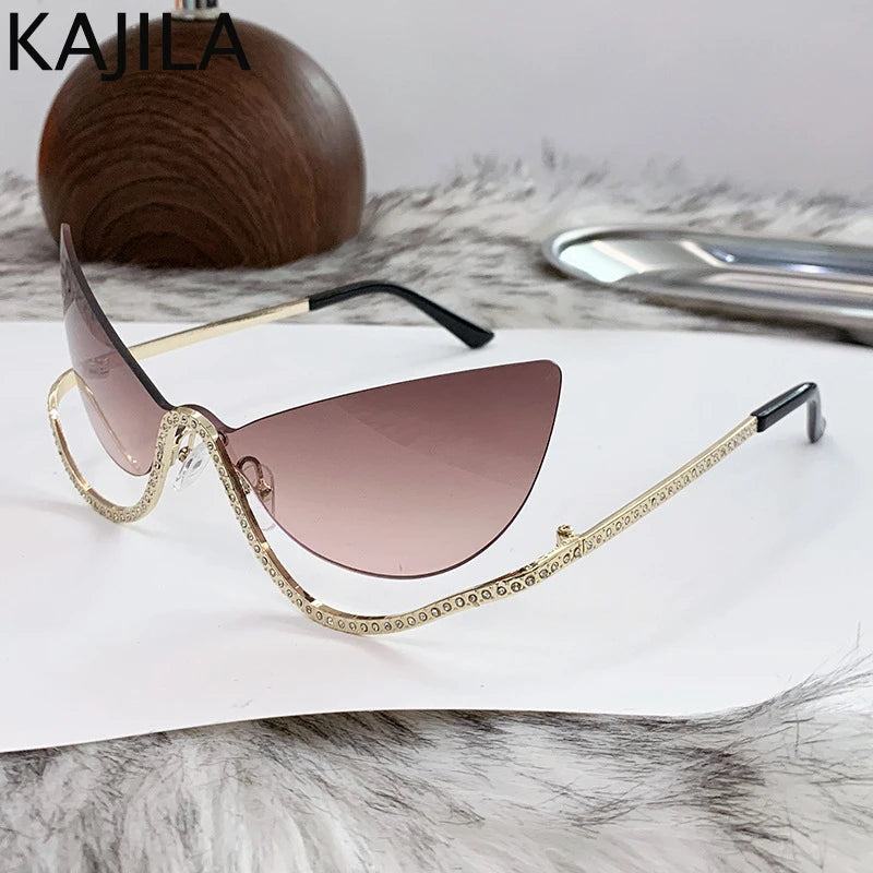 Retro Rhinestone Cat Eye Rimless Punk Sunglasses Women 2025 Luxury Brand Vintage Metal Frameless Sun Glasses Travelling Shades