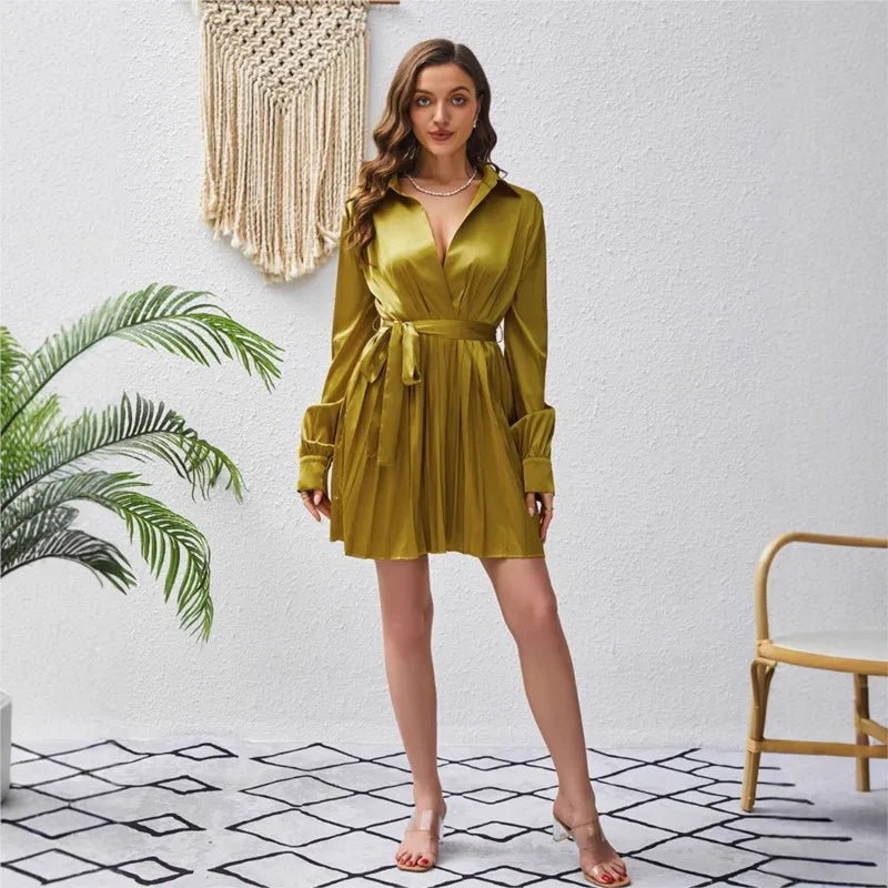 Elegant satin lapel waist cinching lace up long sleeved pleated dress spring/autumn womens fashion temperament solid short skirt