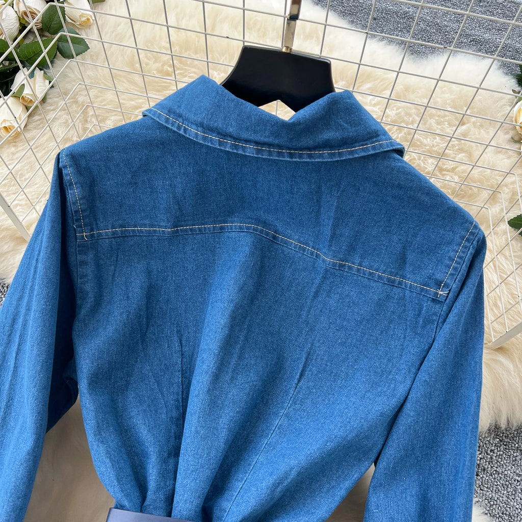 Sexy long sleeve Slit Pockets Single Breasted High Waist Pleated dress Vestidos sundress Women Evening Party dress