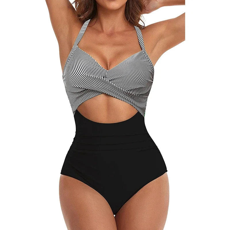 Sexy Hollow Cross Sling Swimwear Color Matching Backless Swimsuit One Piece Bikini Fashion Bathing Suits Swimming Suit For Women