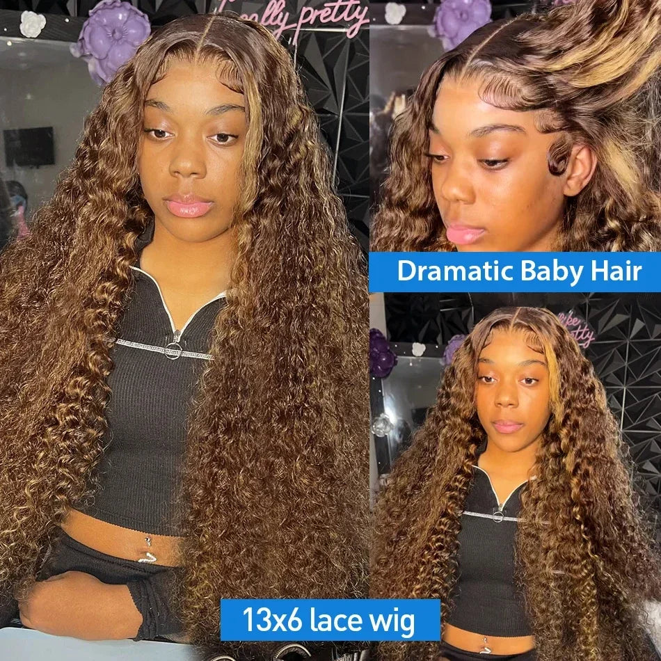 HD Transparent Highlight Wig Human Hair Honey Blonde Lace Front Wigs For Women Curly Human Hair Wig Deep Wave Lace Frontal Wig