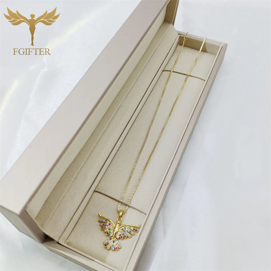 Luxury Graces Colored Phoenix Zircon Copper Pendant Necklaces Stainless Steel Chain High Grade Bird Choker Women's Party Jewelry