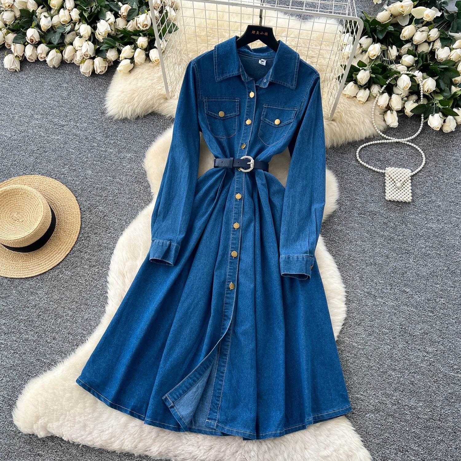 Sexy long sleeve Slit Pockets Single Breasted High Waist Pleated dress Vestidos sundress Women Evening Party dress