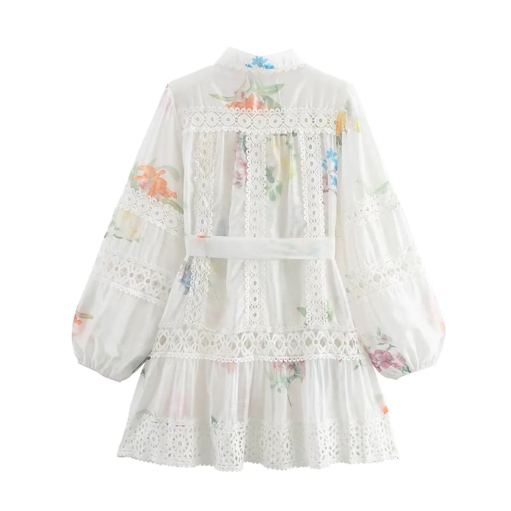 Women White Flower Print Dress Vintage Lace Patchwork Long Sleeve Evening Dress Y2k Birthday Party One Piece Frocks Clothes 2025