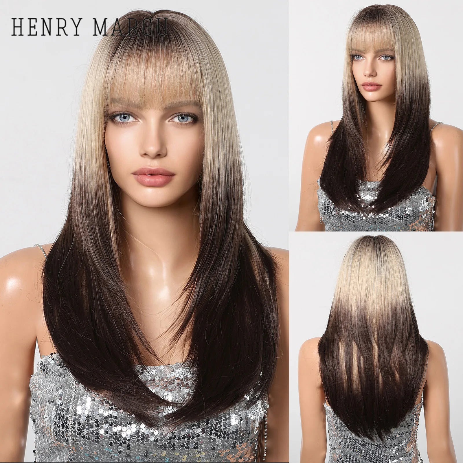 HENRY MARGU White Long Straight Synthetic Wigs for Women Colorful Cosplay Party Fake Hair with Bangs White Wig HighTemperature