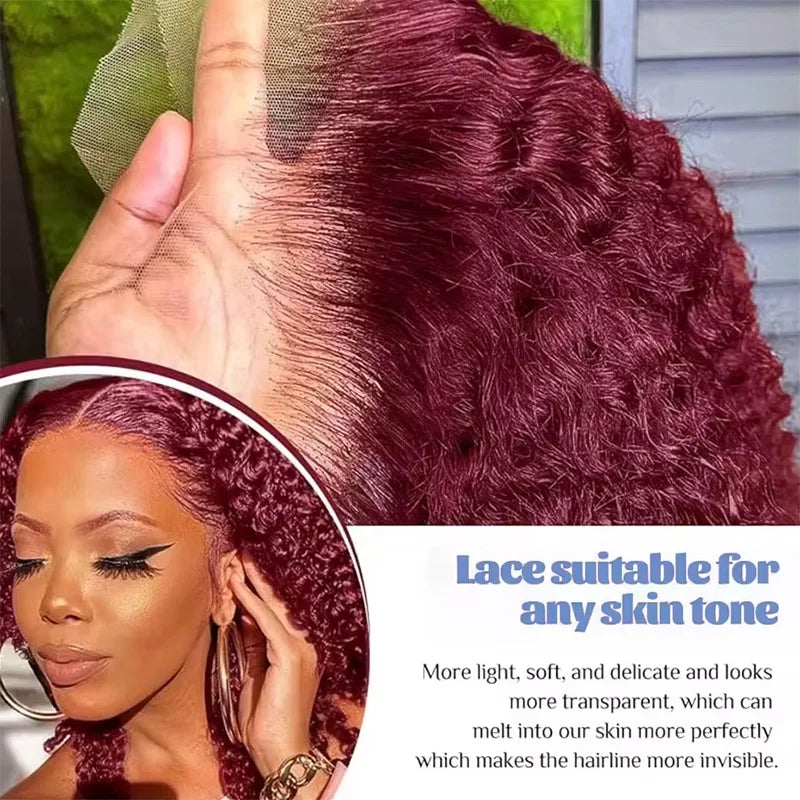 99J Colored Curly Deep Water Wave Lace Front Wig Burgundy Red Remy Short Cut Bob Frontal Human Hair Wigs Women Pre Plucked Wigs