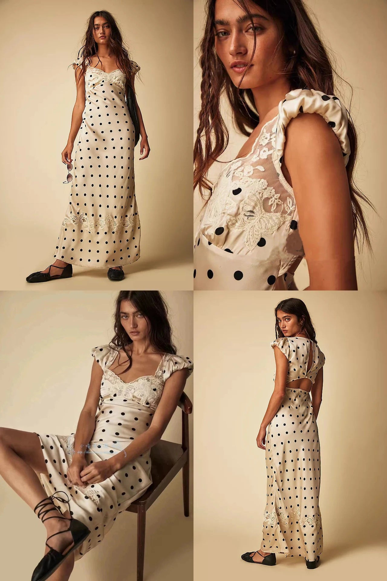 Absobe French Lace Patchwork Satin Polka Dot A-Line Maxi Dress For Women Elegant Backless Long Gown Chic Birthday Party Outfit