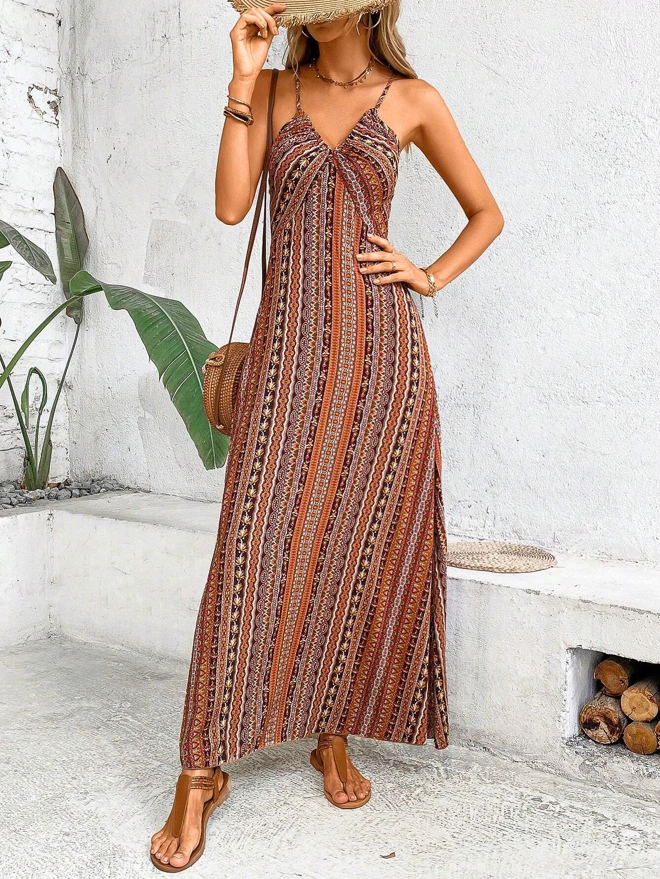 Women's Summer Ethnic Pattern Backless Split Thigh Dress Ladies Summer Clothes Boho Fashion Frill Trim Long Dress for Beach