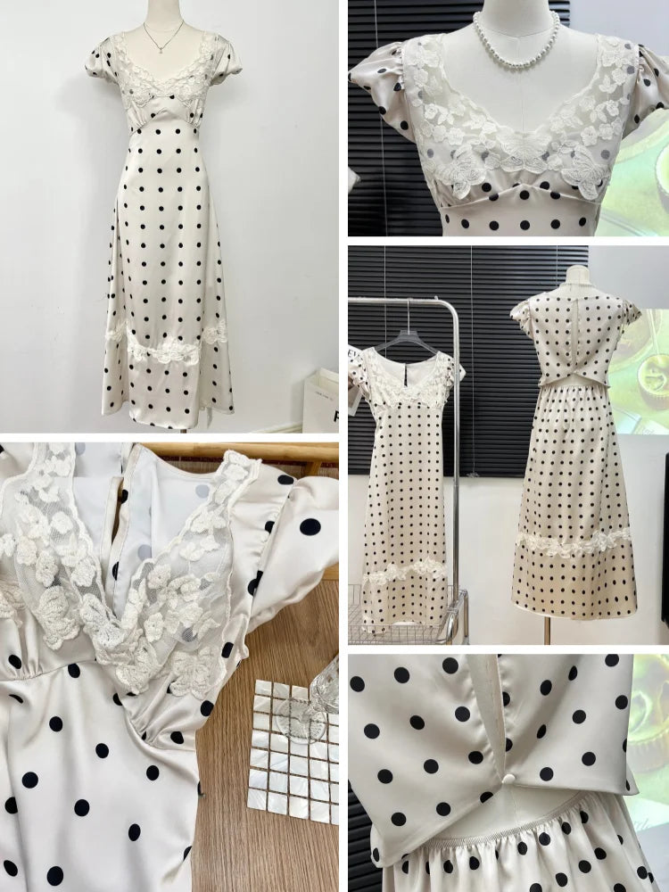 Absobe French Lace Patchwork Satin Polka Dot A-Line Maxi Dress For Women Elegant Backless Long Gown Chic Birthday Party Outfit