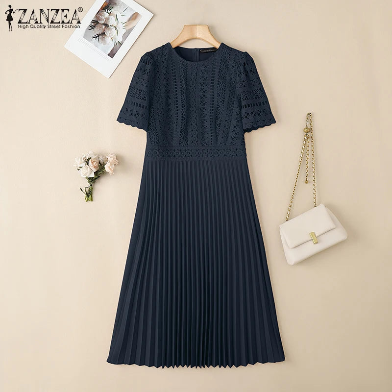 ZANZEA Elegant Summer Short Sleeve Pleated Party Sundress Fashion Women Lace Patchwork Dresses 2025 Stylish Work OL Vestidos