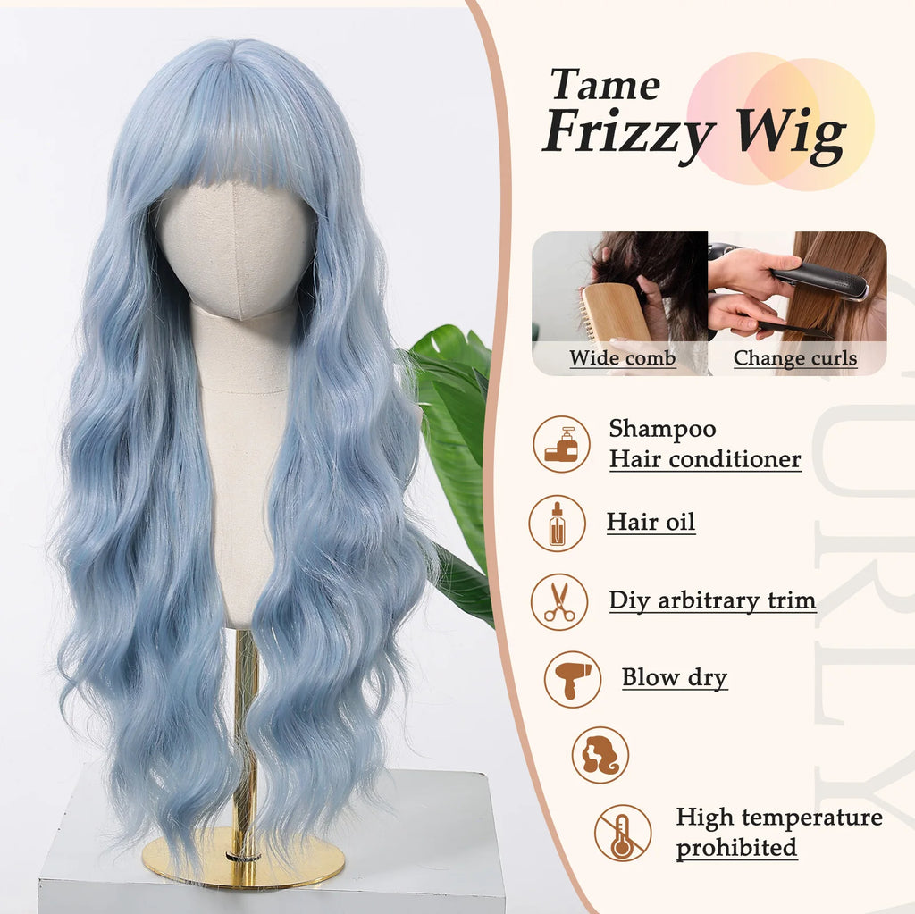 Allbell Magique Blue Hair Wig with Bangs Long Wavy Synthetic Wig Baby Blue Curly Wig for Women Daily Party Use Heat Resistant