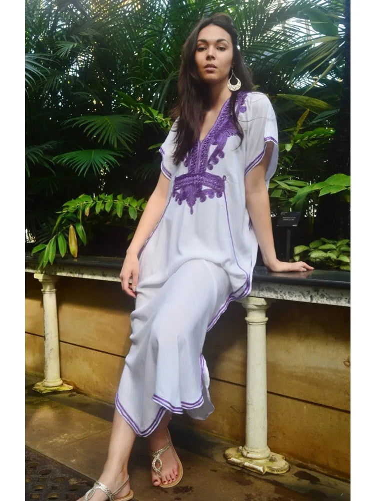 2024 Vintage Embroidery Kaftan Sexy V-neck Batwing Sleeve High Waist Maxi Dress Tunic Women Clothing Summer Beach Dresses Q660