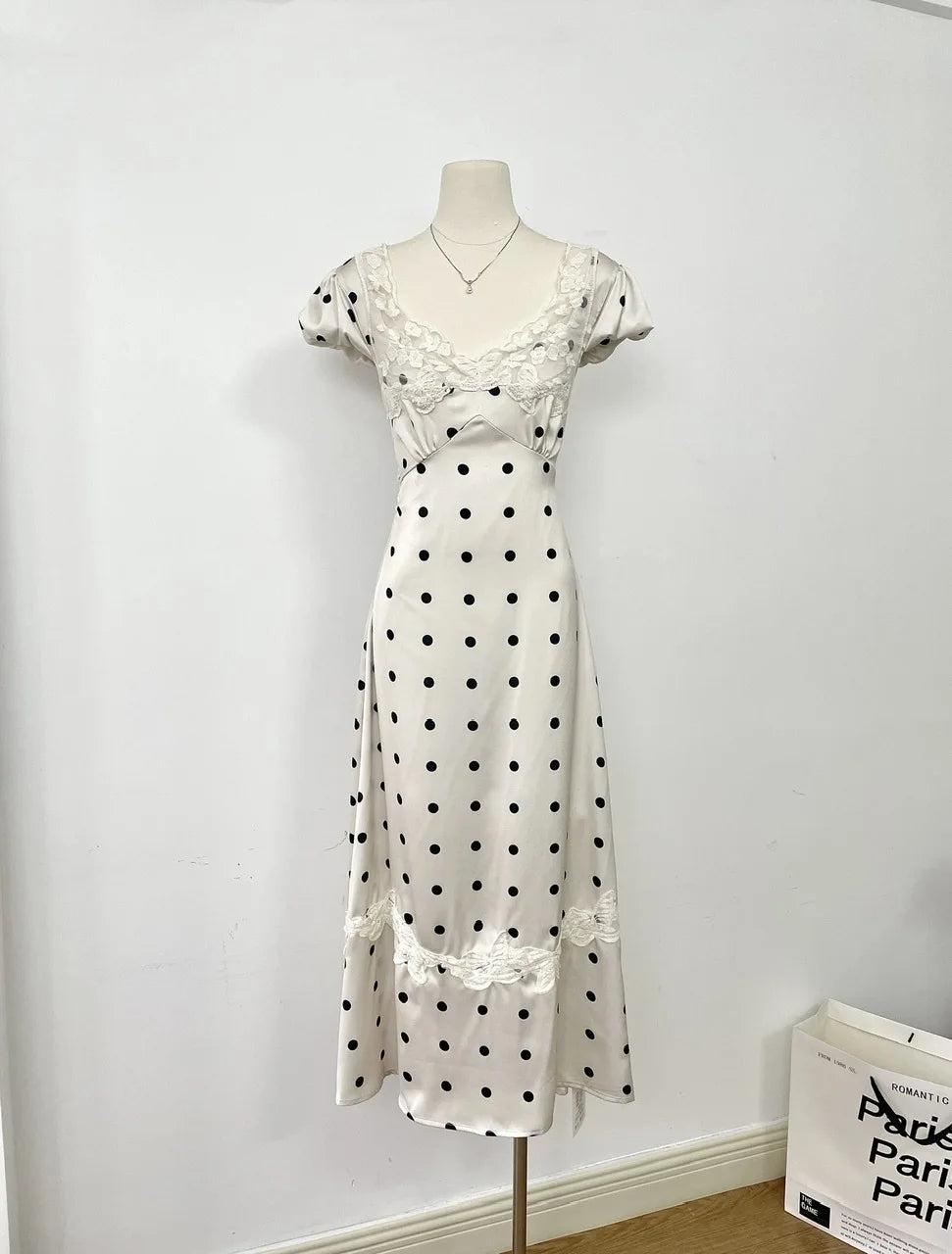 Absobe French Lace Patchwork Satin Polka Dot A-Line Maxi Dress For Women Elegant Backless Long Gown Chic Birthday Party Outfit