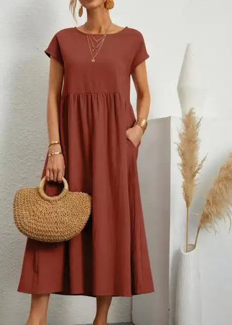 Women Vintage Solid Dress 2025 Summer Elegant O Neck Short Sleeve Cotton Linen Dresses Female Casual Loose Sundress Long Dress