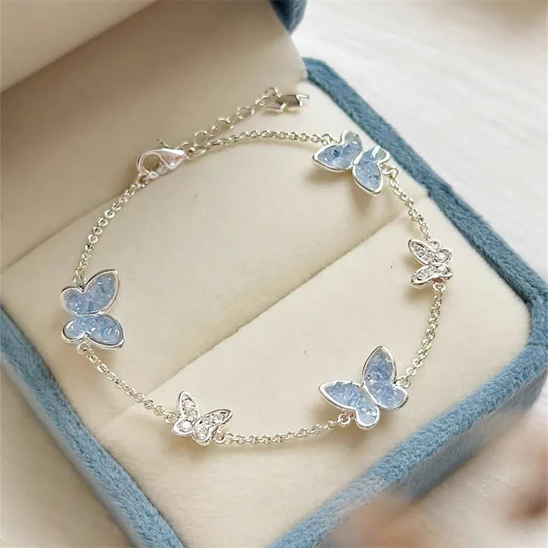 Fashion Silver Color Crystal Butterfly Jewelry Set Adjustable Bracelet Earrings Necklace Ring for Women Handmade New Year Gift