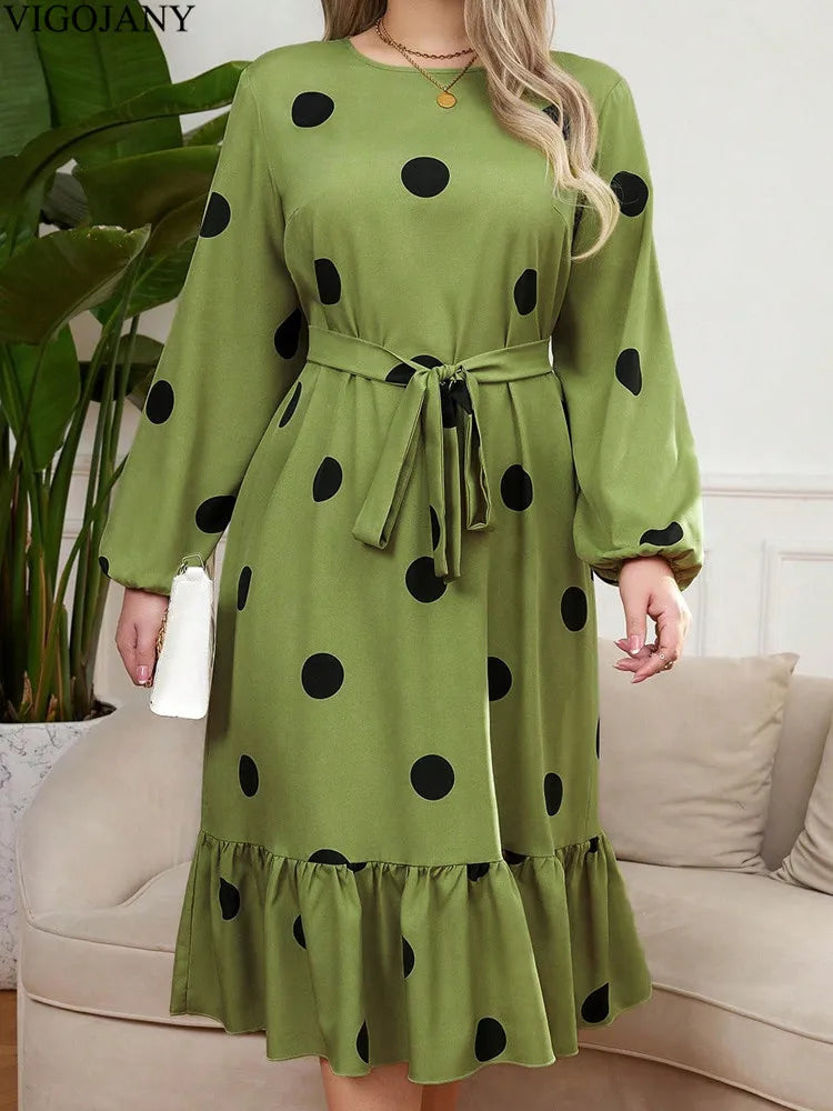 Vigojany 2025 Spring Ruffle Dot Print Plus Size Dress Autumn Long Sleeve Large Big Dress Casual O Neck Chubby Curvy Dresses