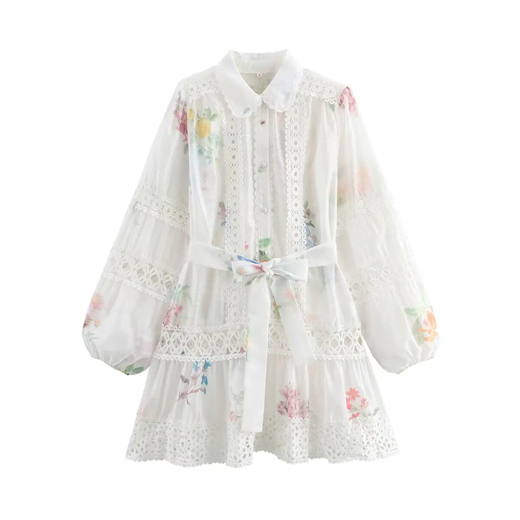 Women White Flower Print Dress Vintage Lace Patchwork Long Sleeve Evening Dress Y2k Birthday Party One Piece Frocks Clothes 2025