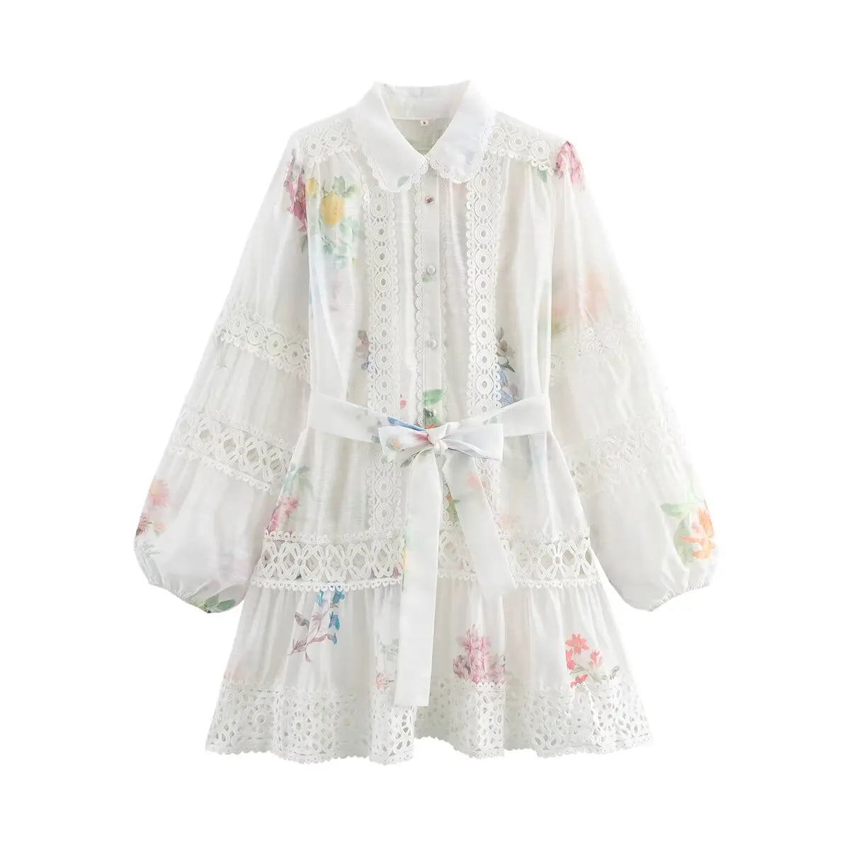 Women White Flower Print Dress Vintage Lace Patchwork Long Sleeve Evening Dress Y2k Birthday Party One Piece Frocks Clothes 2025