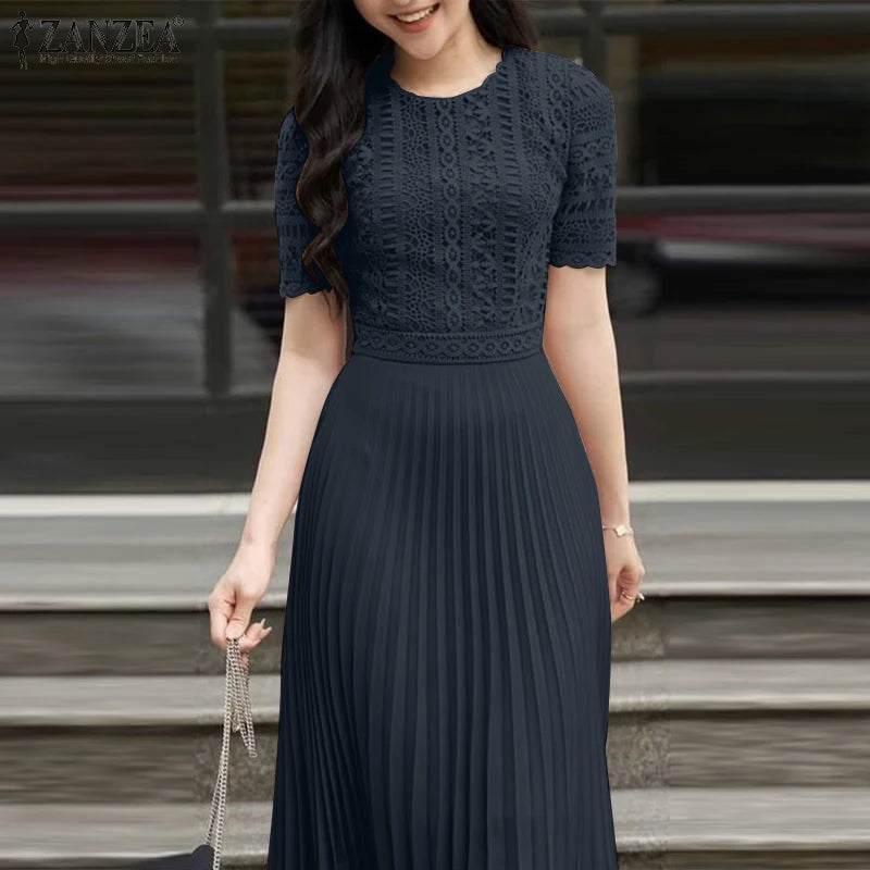 ZANZEA Elegant Summer Short Sleeve Pleated Party Sundress Fashion Women Lace Patchwork Dresses 2025 Stylish Work OL Vestidos