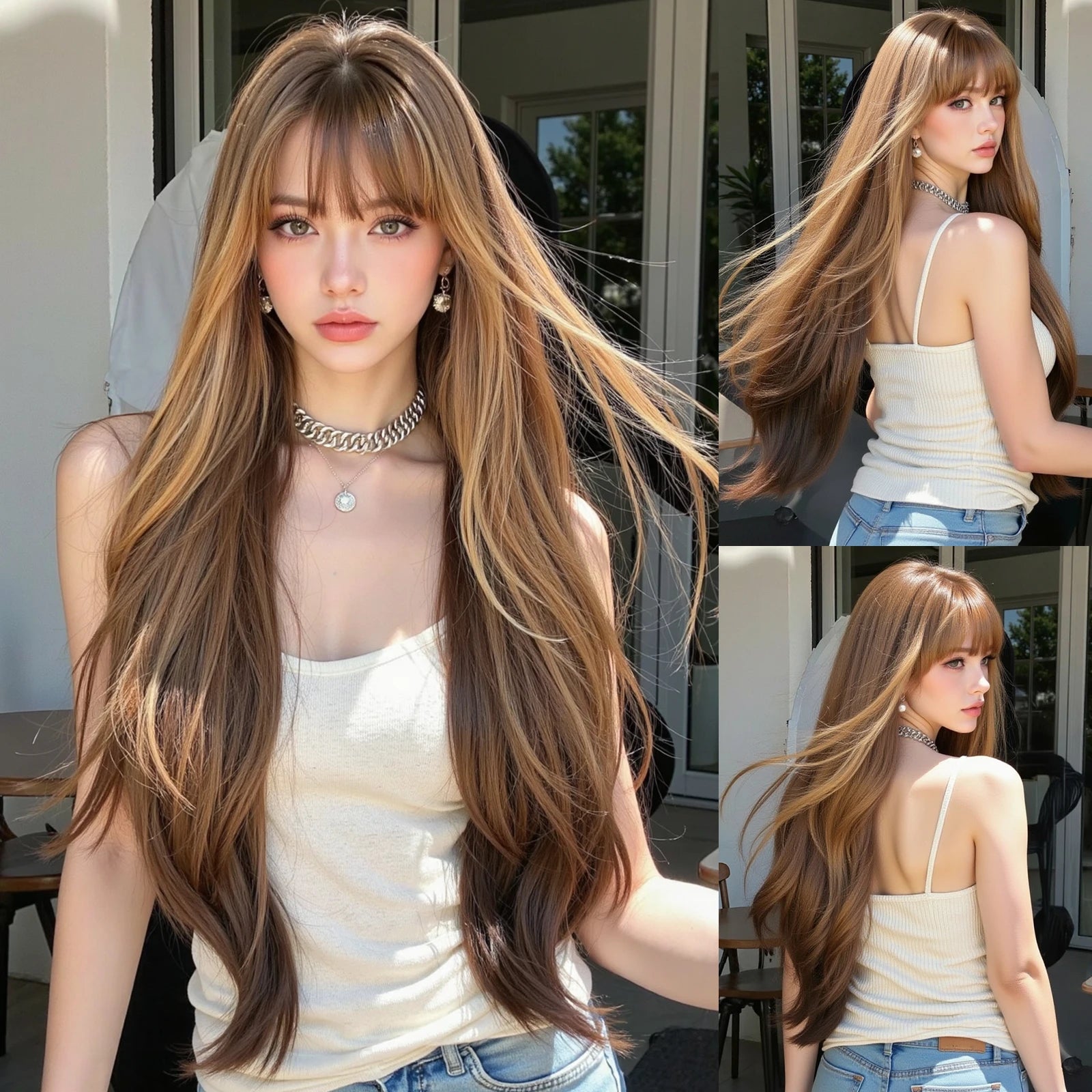Honey Brown Highlight Layered Synthetic Wigs With Bangs Super Long Straight  Wig For Women Cosplay Natural Daily  Heat Resistant