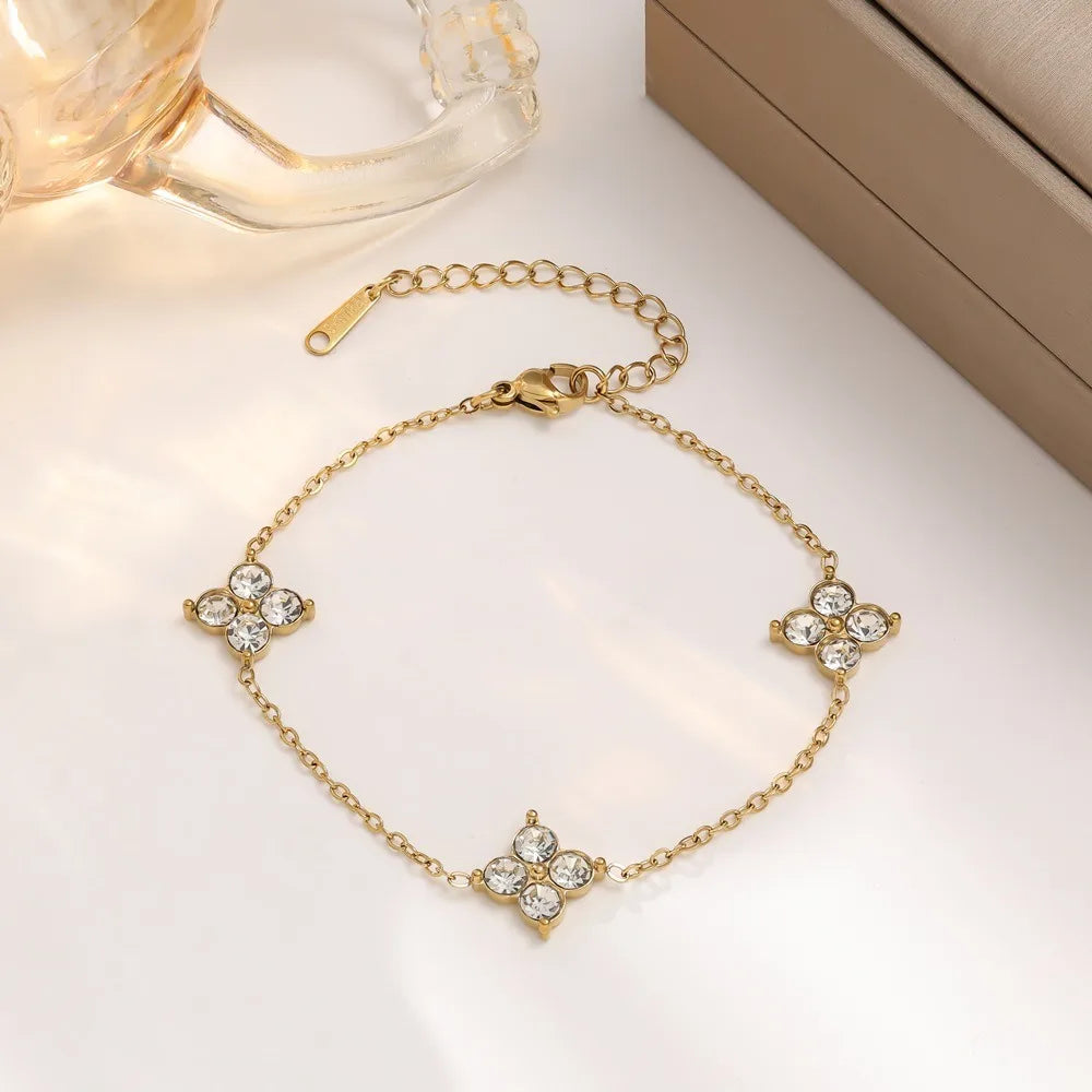 Lucky Four-Petal Flower Inlaid Rhinestone Stainless Steel Bracelet Necklace Earrings For Women Luxury Wedding Party Jewelry Sets