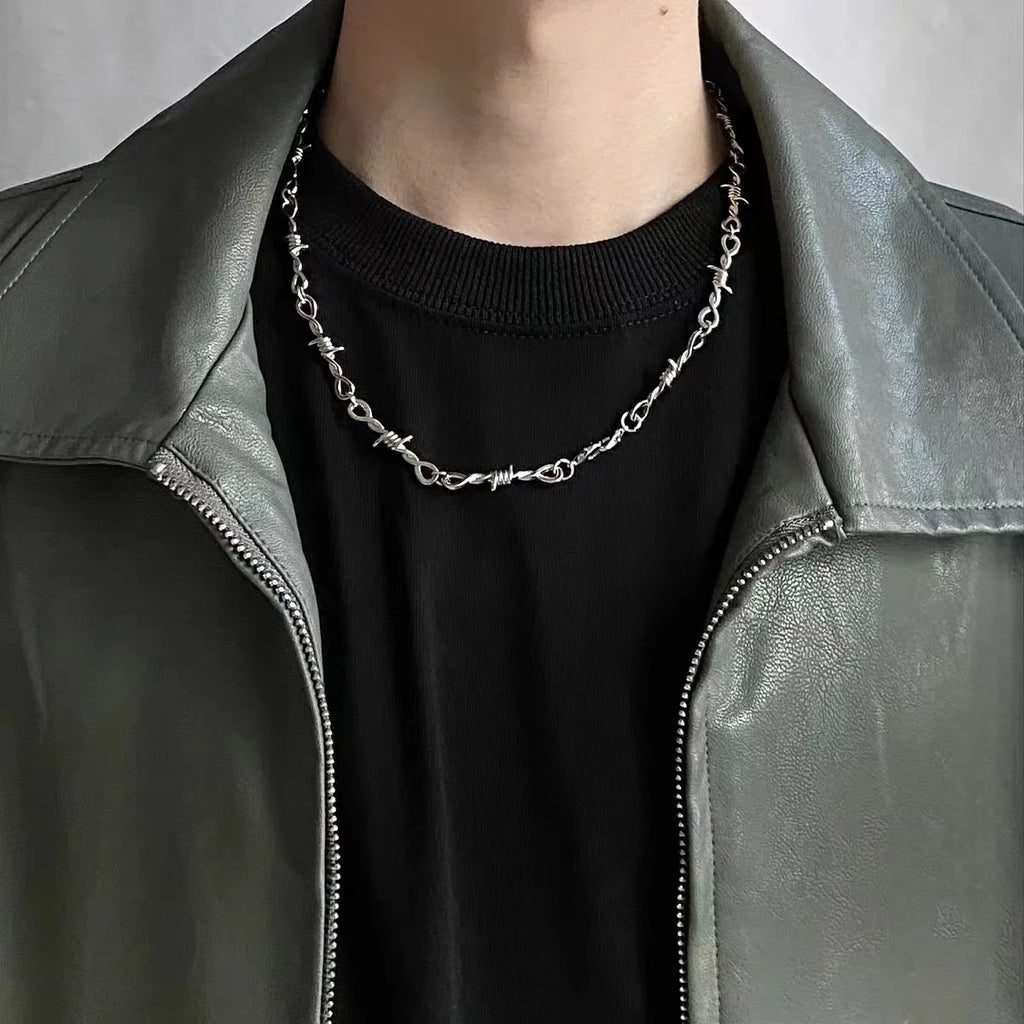 Punk Thorns Chain Necklace for Men Streetwear Barbed Wire Brambles Boys Hip Hop Harajuku Party Halloween Jewelry