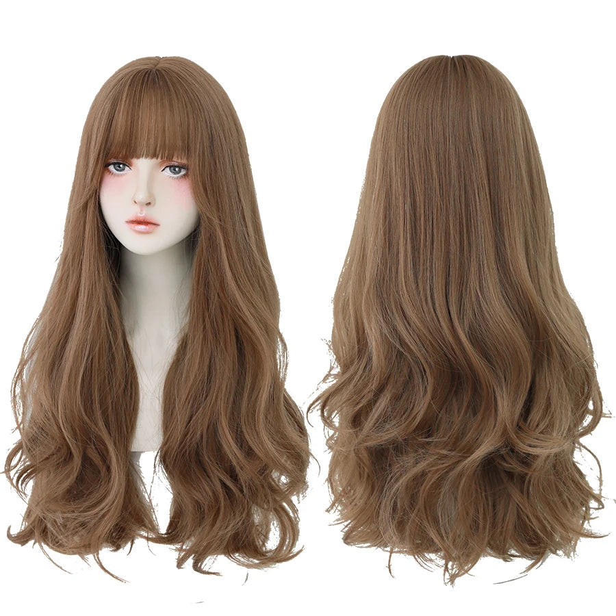 7JHH WIGS Popular Brown Ash Long Deep Wave Hair Lolita Wigs With Bangs Synthetic Wig For Women Fashion Thick Curls Wigs Girl