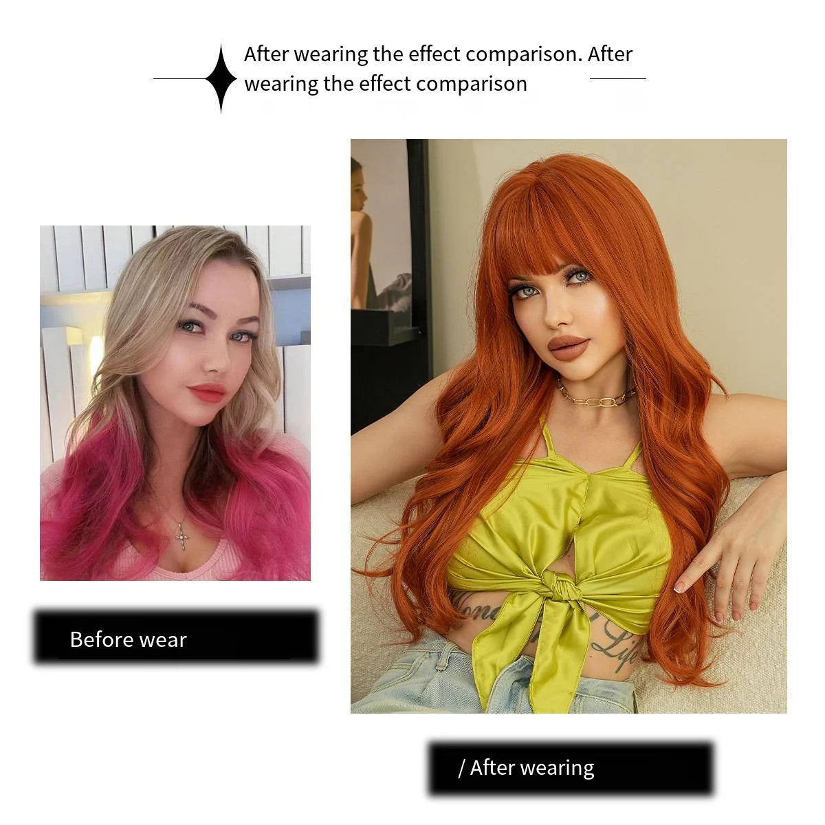 Orange Synthetic Wig Fashion Women Natural Air Bangs Big Waves Long Curly Hair Daily Party Use Full Head Cover