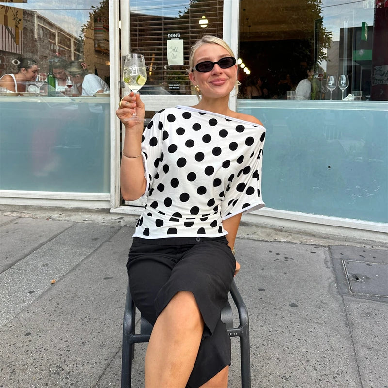 Absobe Polka Dot One-Shoulder Short Sleeve Top For Women Back Lace-up Waist Slim Fit T-Shirt Y2K Hot Girl Casual Tee Streetwear