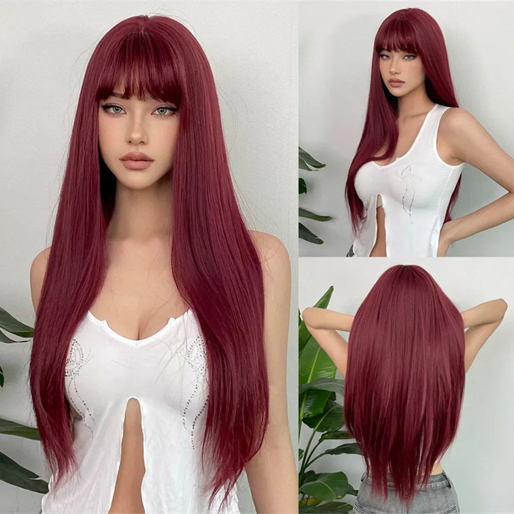 Blue with Grey Highlight Long Straight Synthetic Wigs with Bangs Cosplay Hairs Wig for Women Daily Natural Heat Resistant