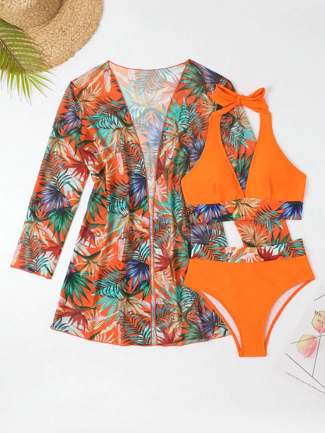 Halter Print Bikini Sets 3PCS Women Swimsuit With Kimono High Waist Swimwear Female Bathers Bathing Swimming Swim Suit Beachwear