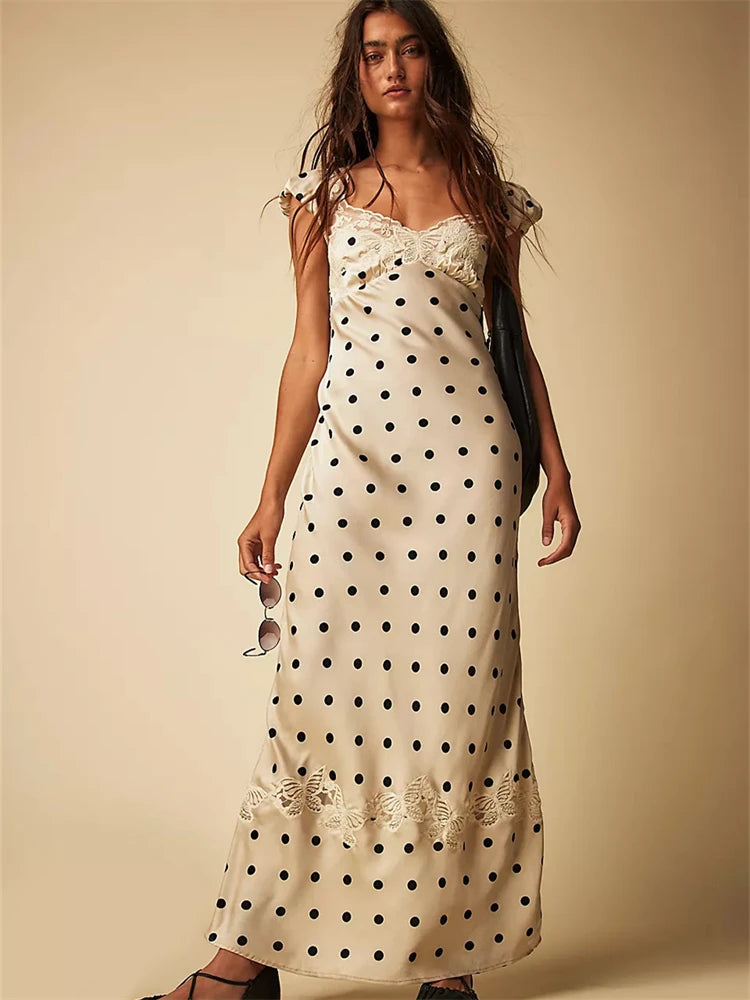 Absobe French Lace Patchwork Satin Polka Dot A-Line Maxi Dress For Women Elegant Backless Long Gown Chic Birthday Party Outfit