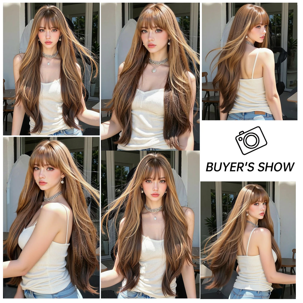 Honey Brown Highlight Layered Synthetic Wigs With Bangs Super Long Straight  Wig For Women Cosplay Natural Daily  Heat Resistant