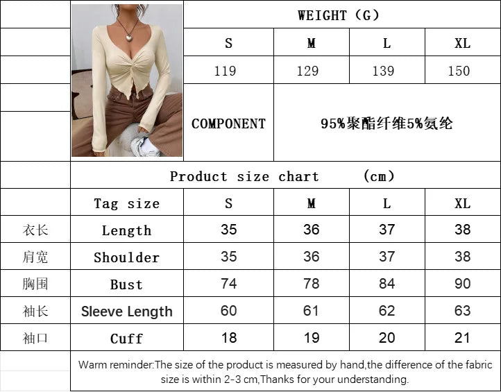 Fairyshely 2025 Autumn Winter V Neck Bodycon T-shirt Sexy Women Long Sleeve Bodycon Crop Top Lady Apricot Y2K Clud Short Tops