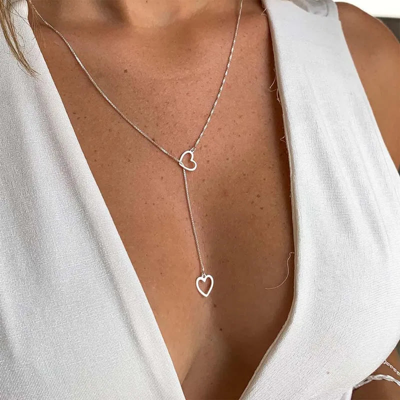 Fashion Double Love Heart Necklaces for Women Simple Sliver Color Personality Long Tassel Necklace Party Jewellery Gifts