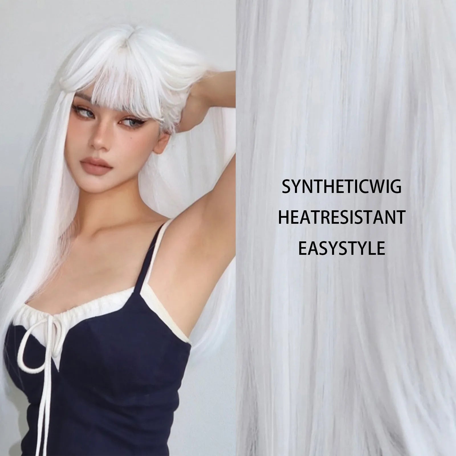 HENRY MARGU White Long Straight Synthetic Wigs for Women Colorful Cosplay Party Fake Hair with Bangs White Wig HighTemperature