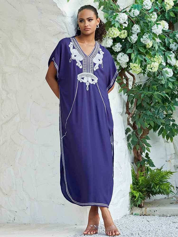 2024 Vintage Embroidery Kaftan Sexy V-neck Batwing Sleeve High Waist Maxi Dress Tunic Women Clothing Summer Beach Dresses Q660