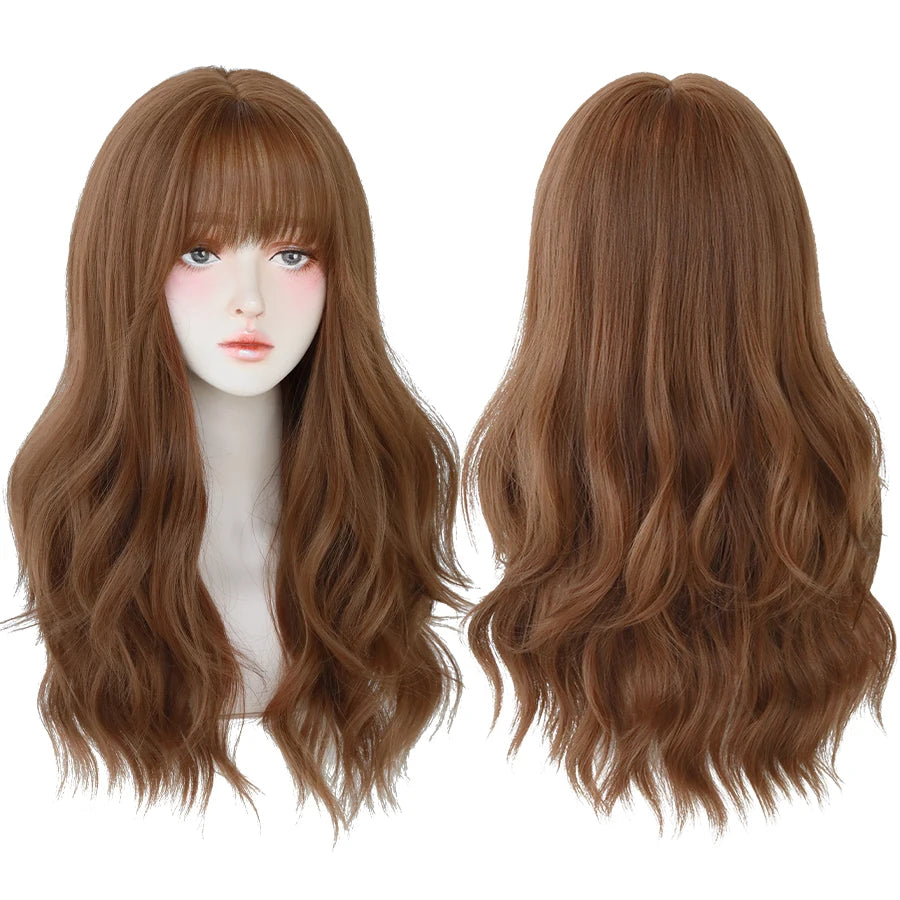 7JHH WIGS Popular Brown Ash Long Deep Wave Hair Lolita Wigs With Bangs Synthetic Wig For Women Fashion Thick Curls Wigs Girl