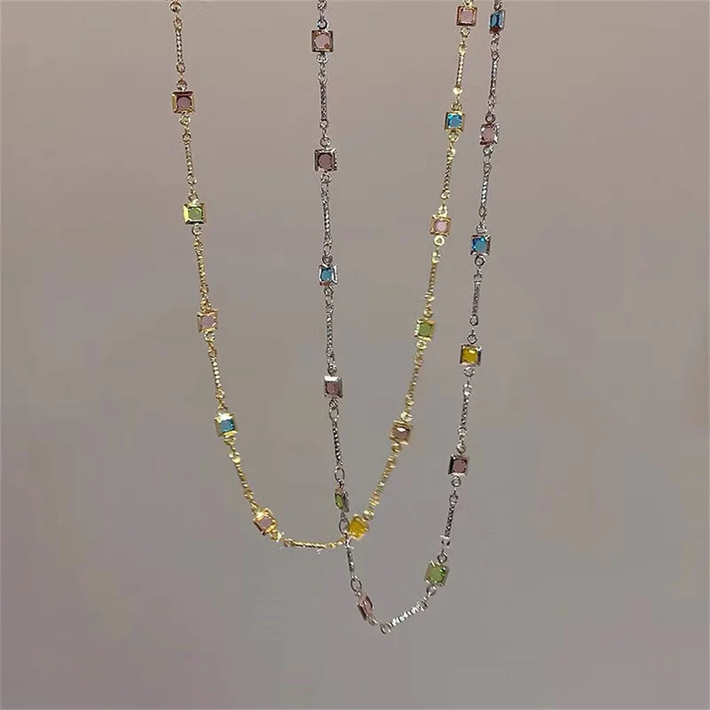 Rainbow Crystal Gemstone Retro Choker Colored Zircon Necklace For Women Simple Clavicle Chain Jewelry Fashion Wear Accessories