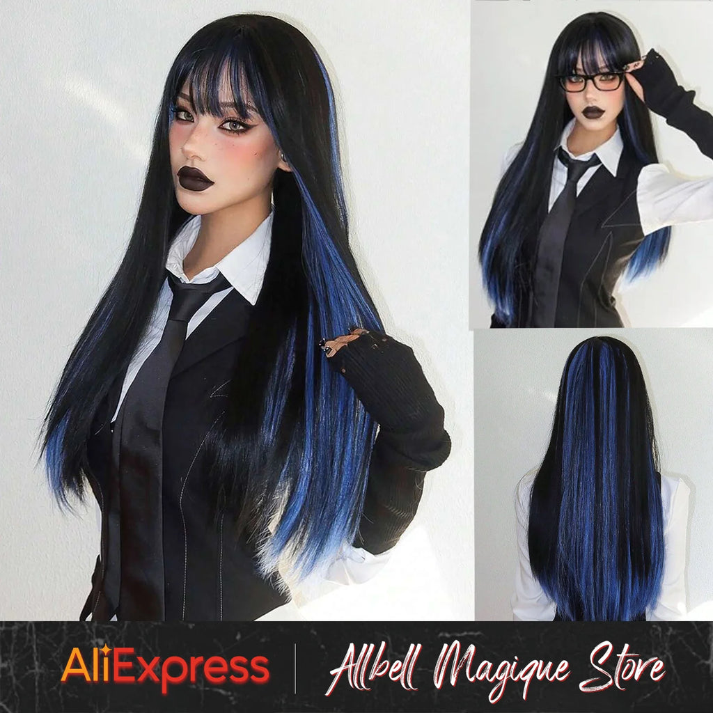 Allbell Magique Black Highlight Blue Synthetic Wig Long Straight Wig with Bangs Black And Blue Wig For Women Cosplay Party Use