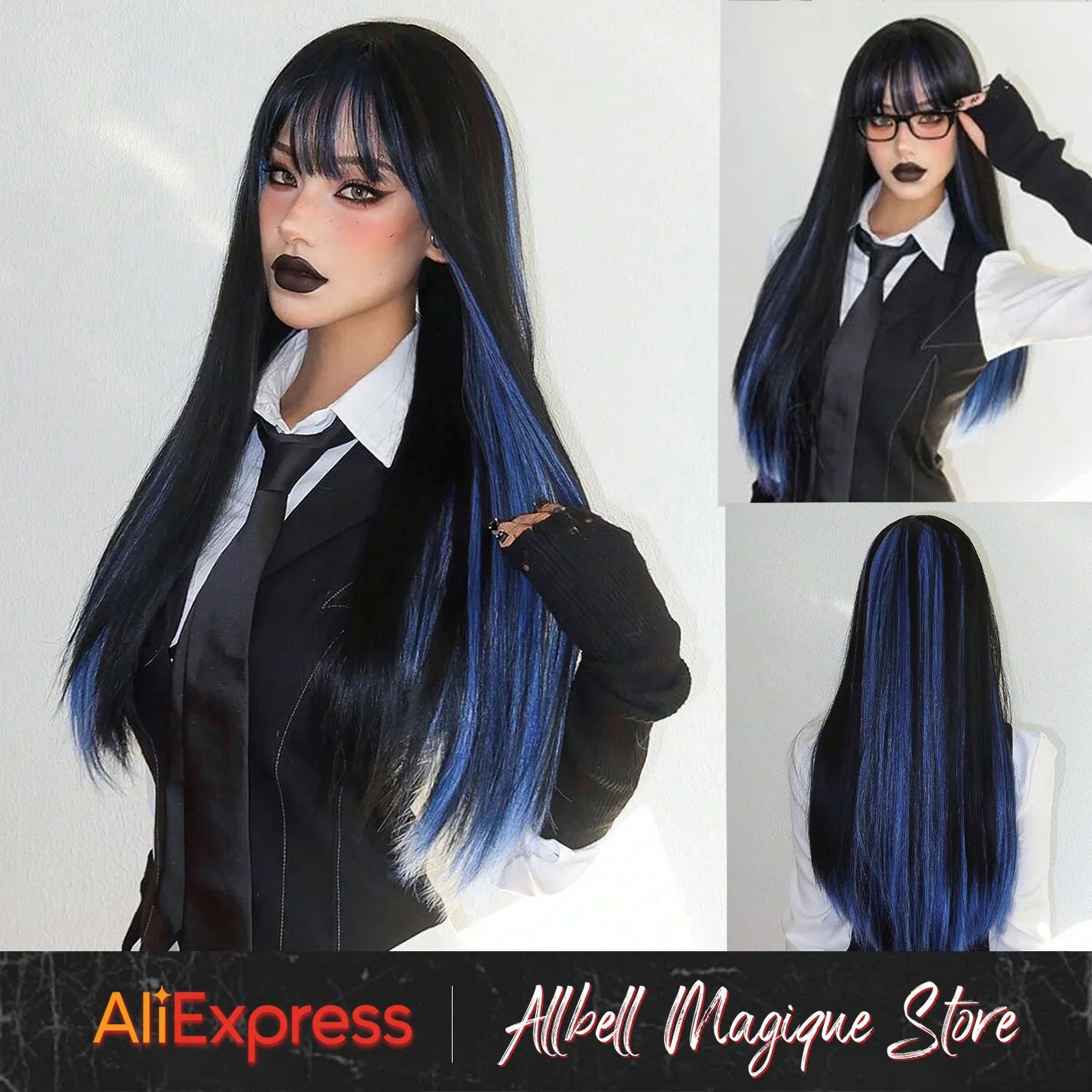 Allbell Magique Black Highlight Blue Synthetic Wig Long Straight Wig with Bangs Black And Blue Wig For Women Cosplay Party Use