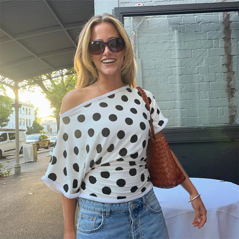 Absobe Polka Dot One-Shoulder Short Sleeve Top For Women Back Lace-up Waist Slim Fit T-Shirt Y2K Hot Girl Casual Tee Streetwear