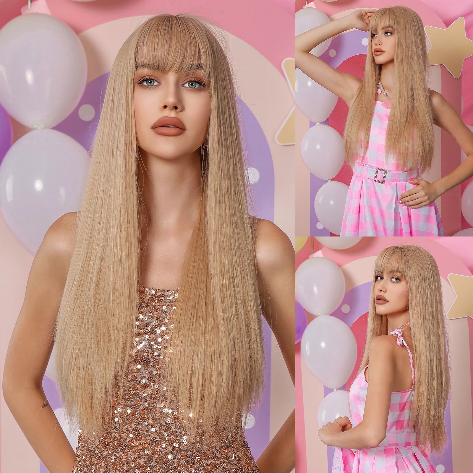 Blue with Grey Highlight Long Straight Synthetic Wigs with Bangs Cosplay Hairs Wig for Women Daily Natural Heat Resistant