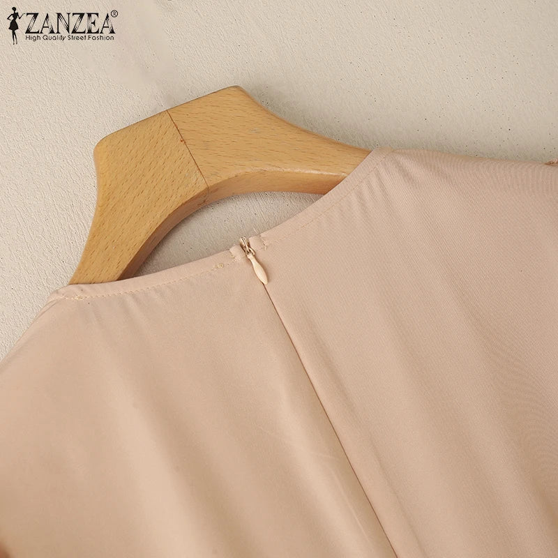 ZANZEA Elegant Summer Short Sleeve Pleated Party Sundress Fashion Women Lace Patchwork Dresses 2025 Stylish Work OL Vestidos