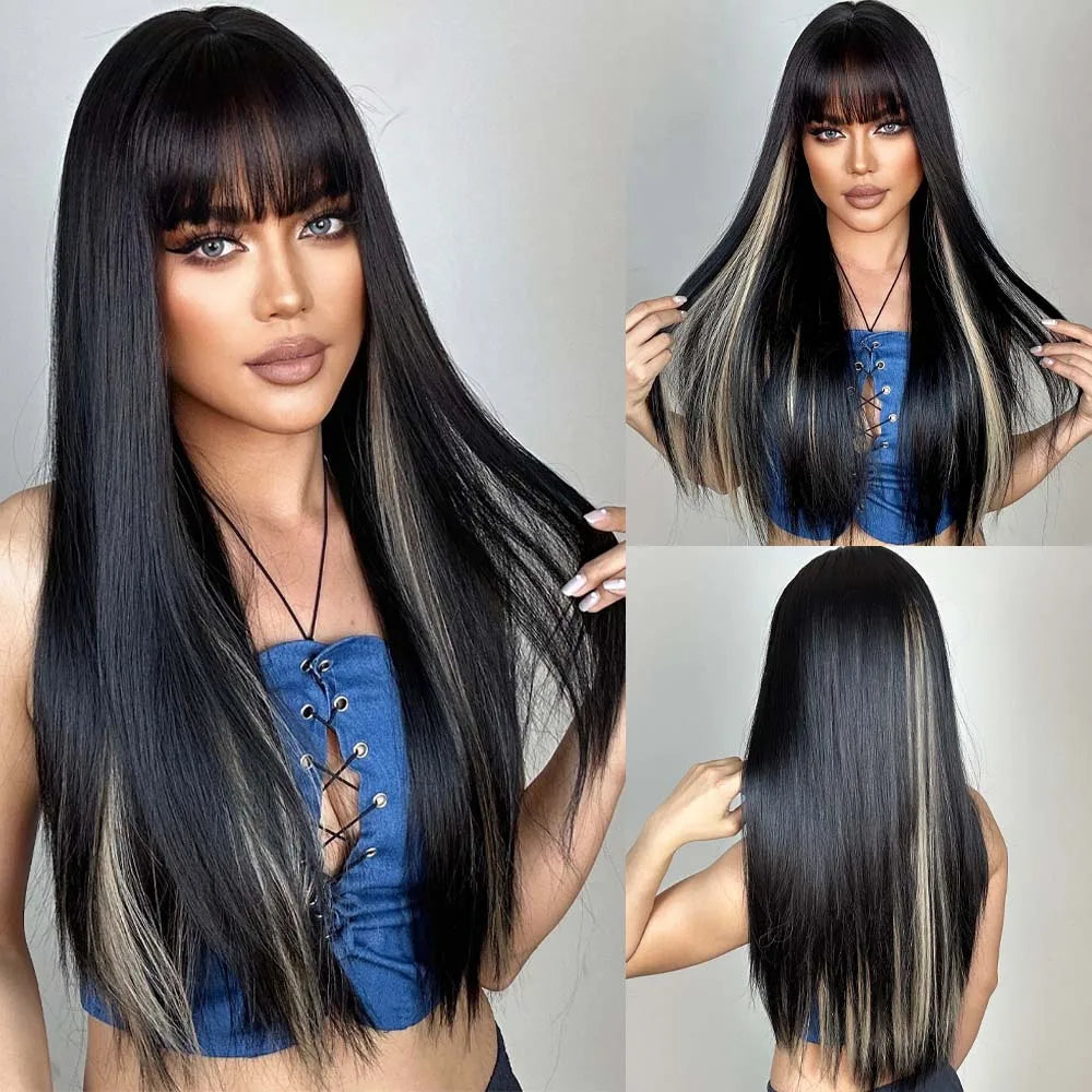 Allbell Magique Black Highlight Blue Synthetic Wig Long Straight Wig with Bangs Black And Blue Wig For Women Cosplay Party Use